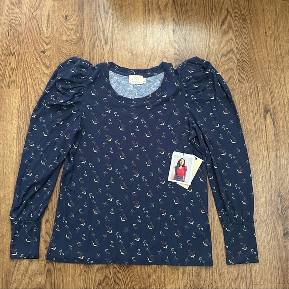 Nation LTD Navy Long & Puff Sleeve Top Blouse Floral Print large NWT cotton
